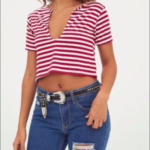red stripe v neck cropped top